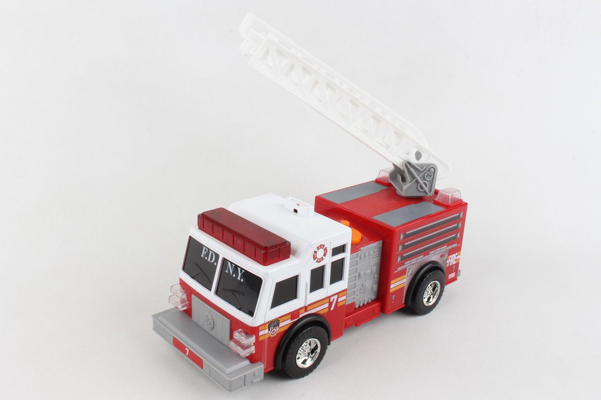 Toy fire truck with extended ladder, lights, and sound features for Daron NY27200-2