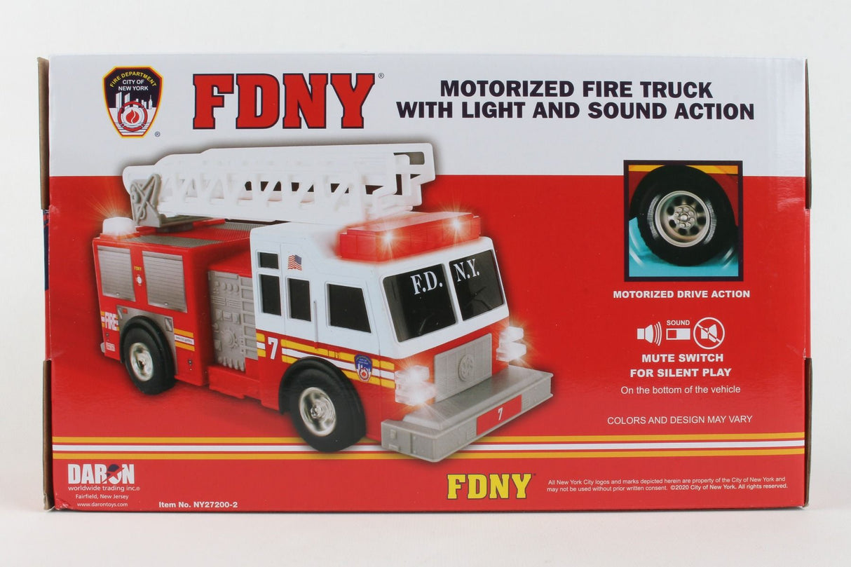 Red and white motorized ladder truck toy with lights and sound features for Daron NY27200-2