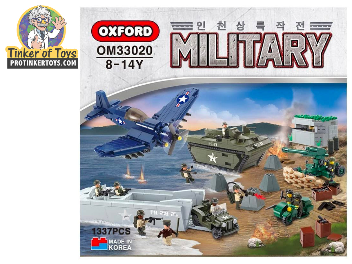 WWII/Korean War landing set featuring planes, tanks, and soldiers in action for Oxford OXF33020