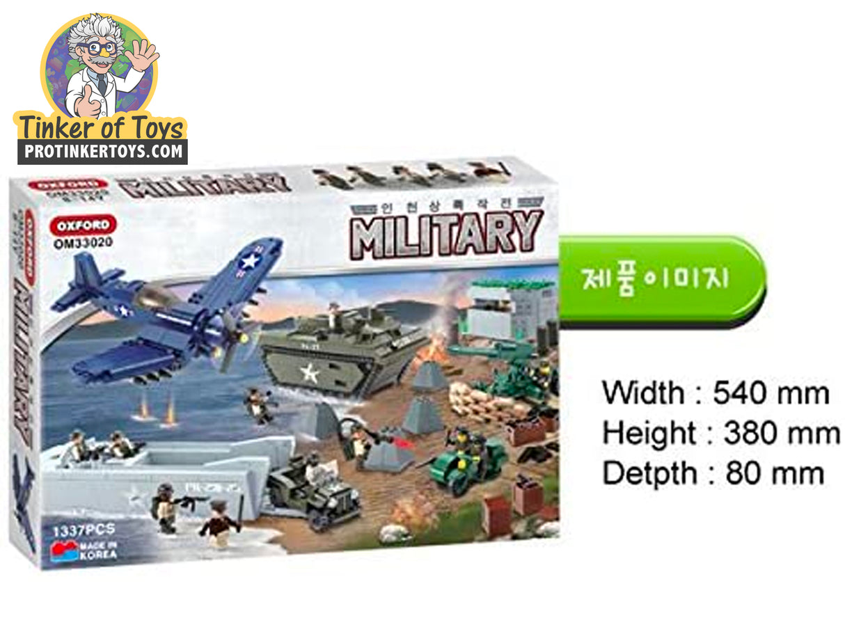Toy set depicting WWII/Korean War landing operation with tanks and planes for Oxford OXF33020