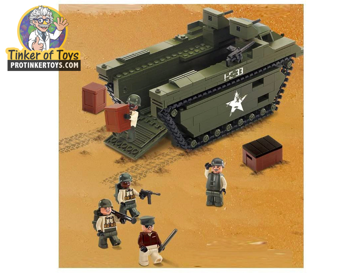 WWII/Korean War landing set with tank and minifigures on sand for Oxford OXF33020