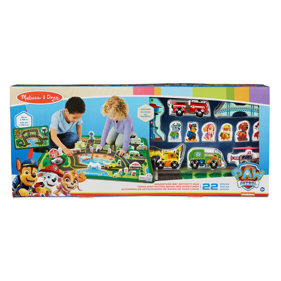 Kids play on a Paw Patrol adventure rug with characters and vehicles for Melissa and Doug 33273
