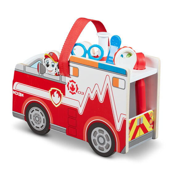 Red wooden rescue caddy toy for Marshall, featuring siren and ladder details for Melissa and Doug 33276