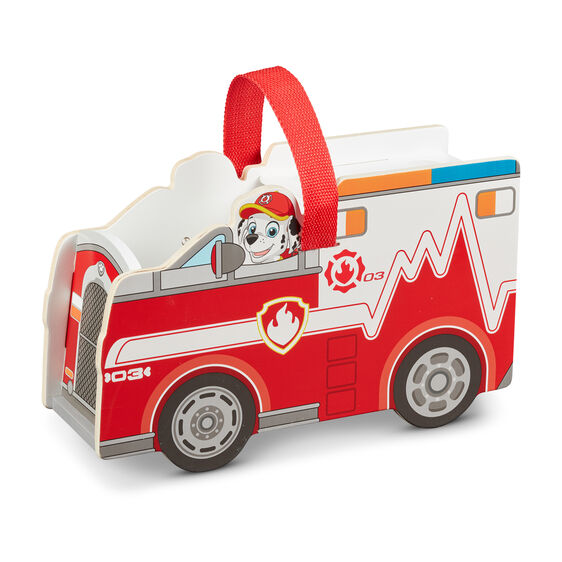 Red wooden rescue caddy toy featuring Marshall from Paw Patrol for Melissa and Doug 33276