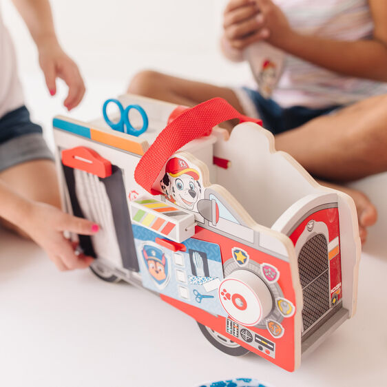 Wooden rescue caddy toy featuring Marshall from Paw Patrol, ready for play for Melissa and Doug 33276