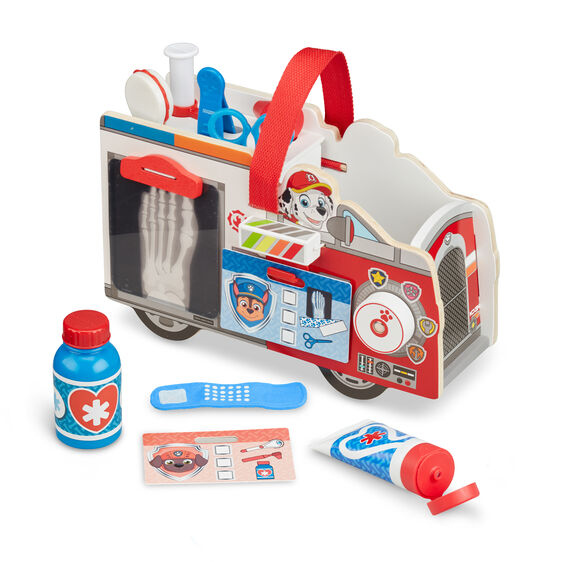 Marshall's wooden rescue caddy toy with medical tools and accessories for Melissa and Doug 33276