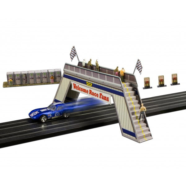 Model kit: Welcome Race Fans pedestrian bridge with race car and figures for Innovative Hobby Supply BK6428