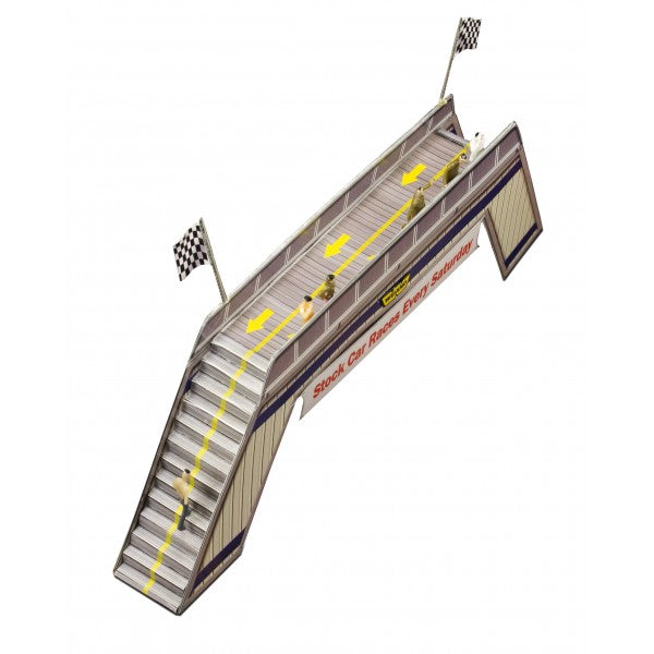 Model kit of a pedestrian bridge with checkered flags and yellow arrows for Innovative Hobby Supply BK6428