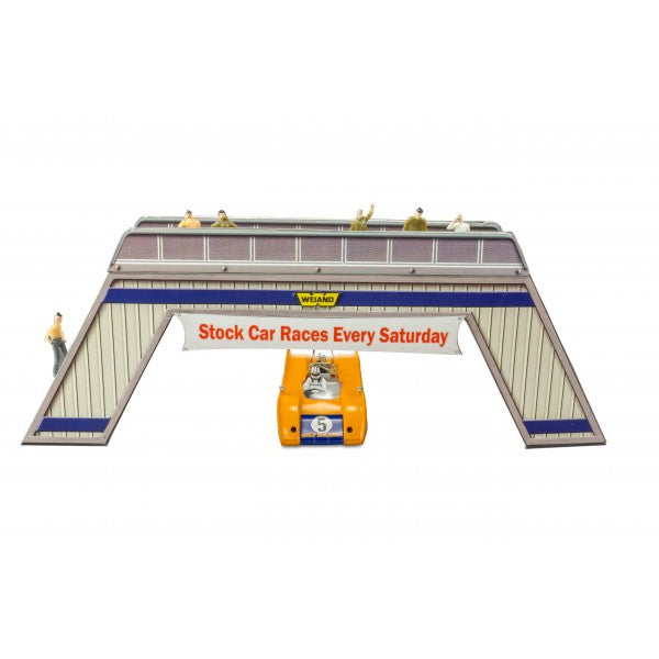 Model kit of a pedestrian bridge with a race car display for Innovative Hobby Supply BK6428