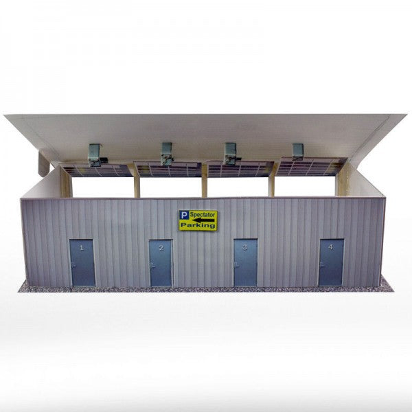 Model kit of a parking garage with four numbered bays and overhead structure for Innovative Hobby Supply BK3211