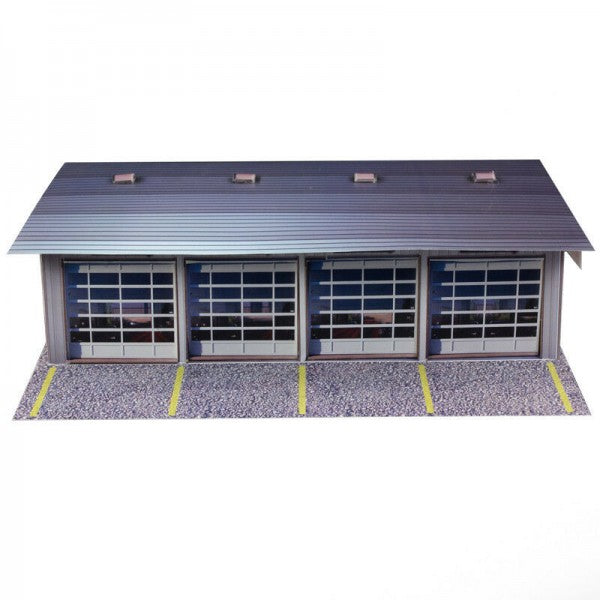 Model kit of a garage with a sloped roof and multiple bay doors for Innovative Hobby Supply BK3211