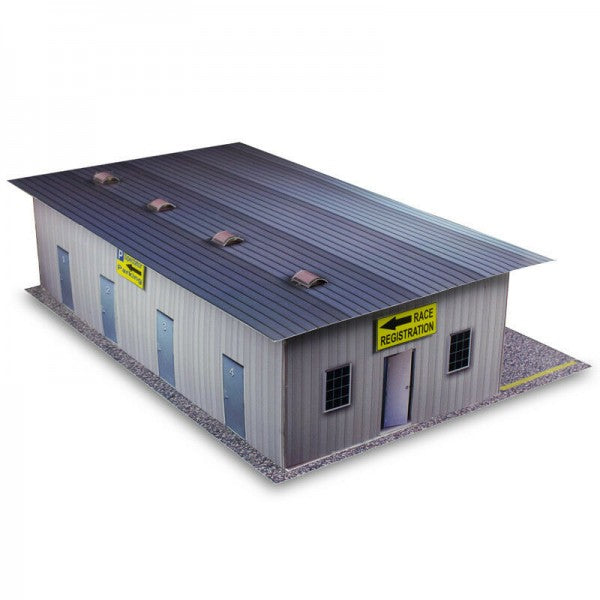 Model kit of a pit garage with "Race Registration" sign for Innovative Hobby Supply BK3211