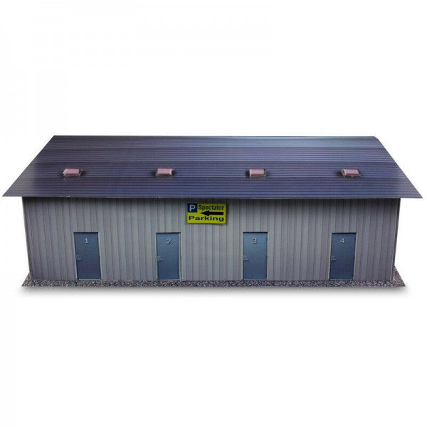 Model kit of a garage with four bays and a parking sign for Innovative Hobby Supply BK3211