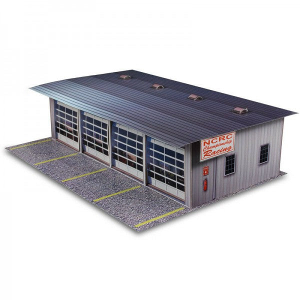 Model kit of a pit garage with a sloped roof and multiple bays for Innovative Hobby Supply BK3211