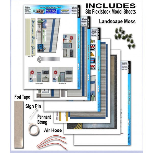 Model kit supplies including flexistick sheets, moss, and various small parts for realistic diorama building