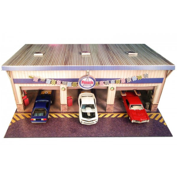 Model kit of a garage with three cars parked inside for Innovative Hobby Supply BK6423