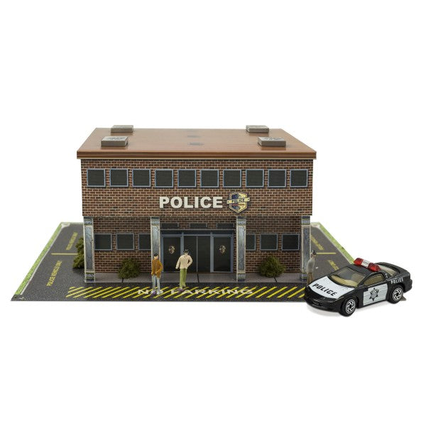 Model kit of a police station with a police car accessory for Innovative Hobby Supply BK6433
