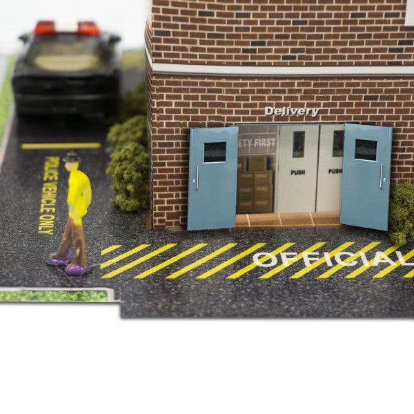 Model kit of a police station with a car and figure for Innovative Hobby Supply BK6433