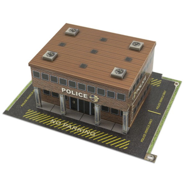 Model kit of a police station building with marked parking area for Innovative Hobby Supply BK6433