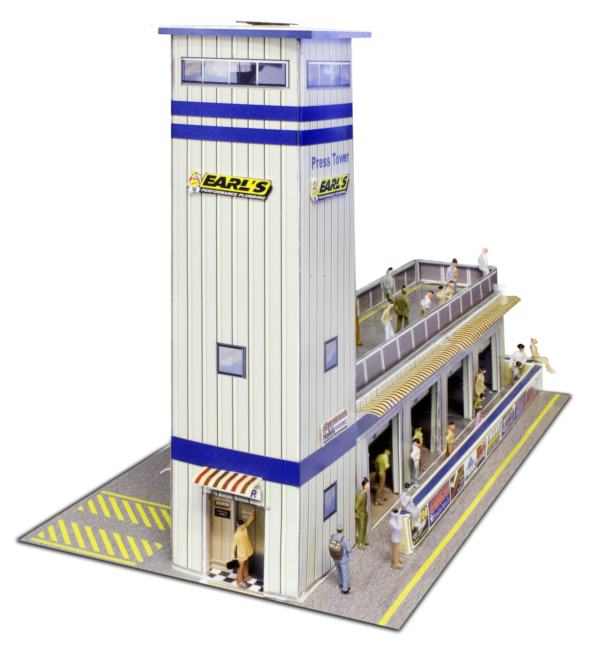 Model kit of a press and media tower with figures and detailed architecture for Innovative Hobby Supply BK6424