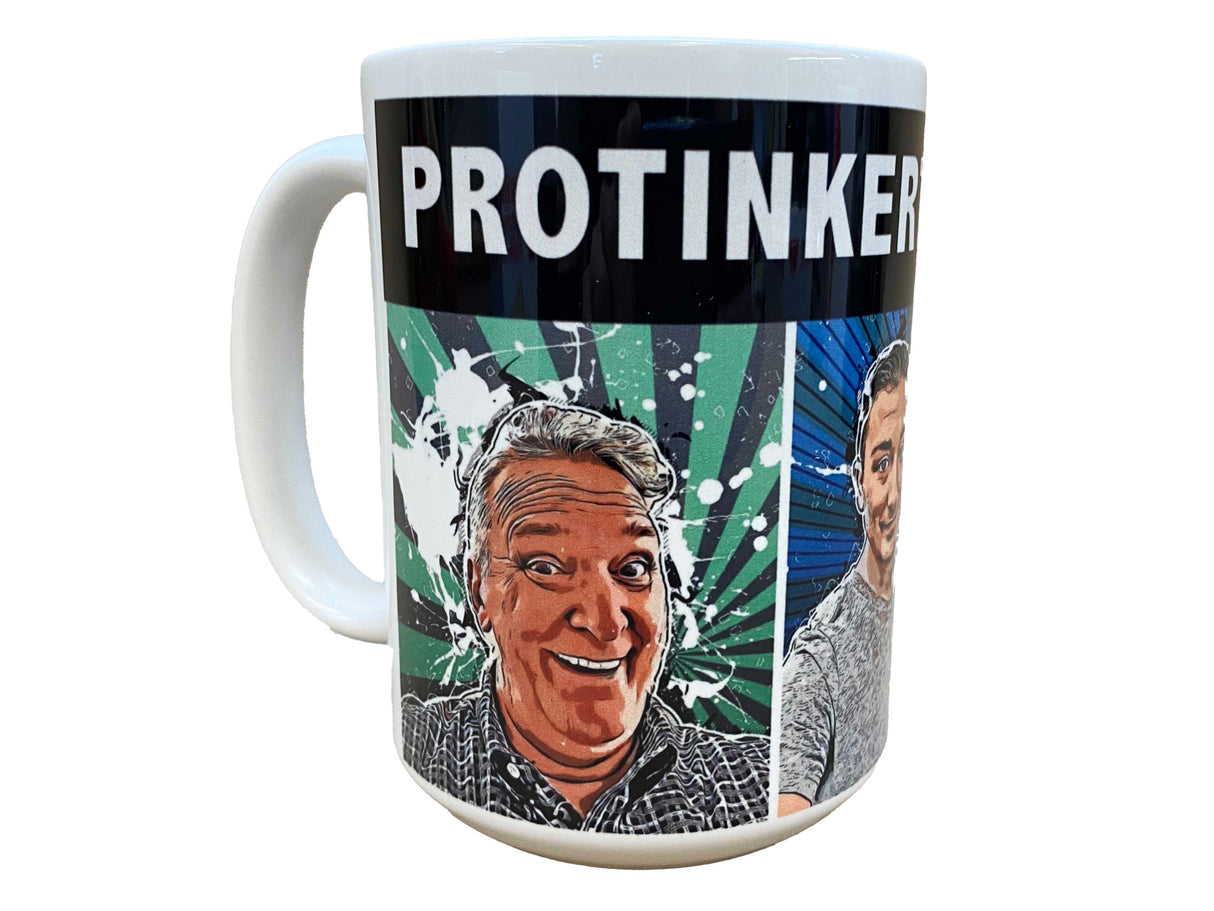 Cartoon mug featuring ProTINKER text and cartoon characters