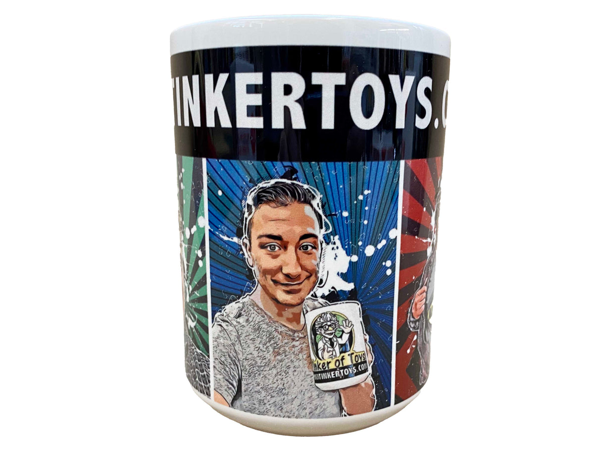 Cartoon mug featuring a smiling man with a graphic design background