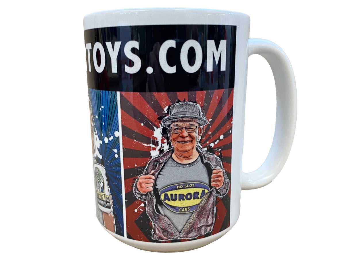 Cartoon mug featuring a man with glasses and a "Aurora Cars" graphic