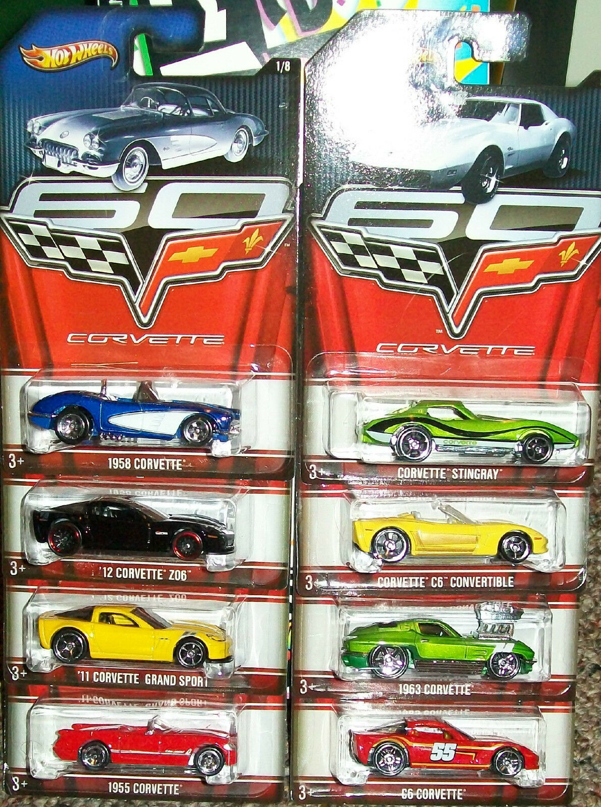 Diecast cars representing Corvette models from 1955 to 1966 for Hot Wheels 1 - 8