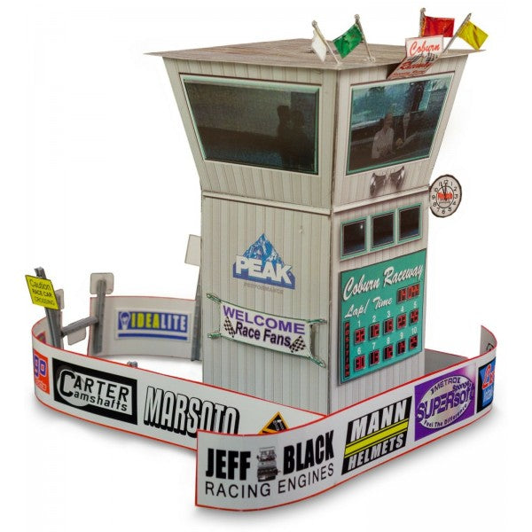 Model race tower kit with display windows and checkered flag accents for Innovative Hobby Supply BK3213