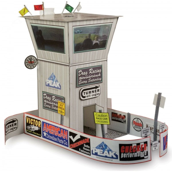 Model kit of a race tower with sponsor decals and display areas for Innovative Hobby Supply BK3213