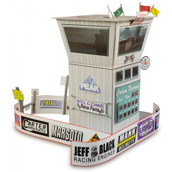 Model kit of a race tower with multiple viewing windows and signage for Innovative Hobby Supply BK3213