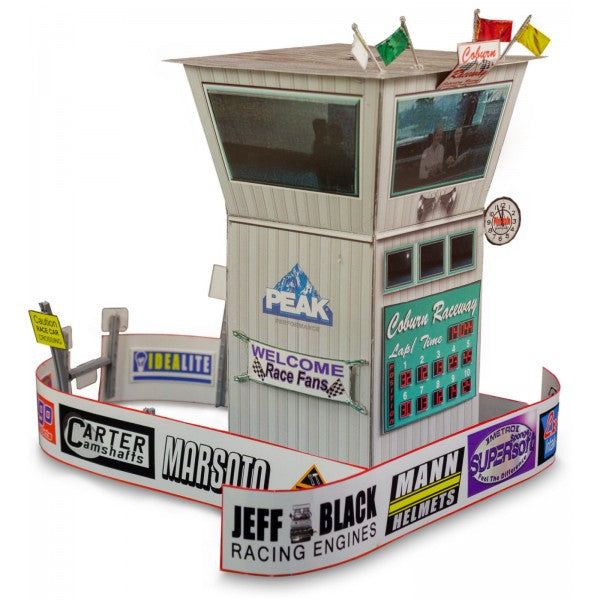 Model race tower kit with pit lane and display signs for Innovative Hobby Supply BK6413