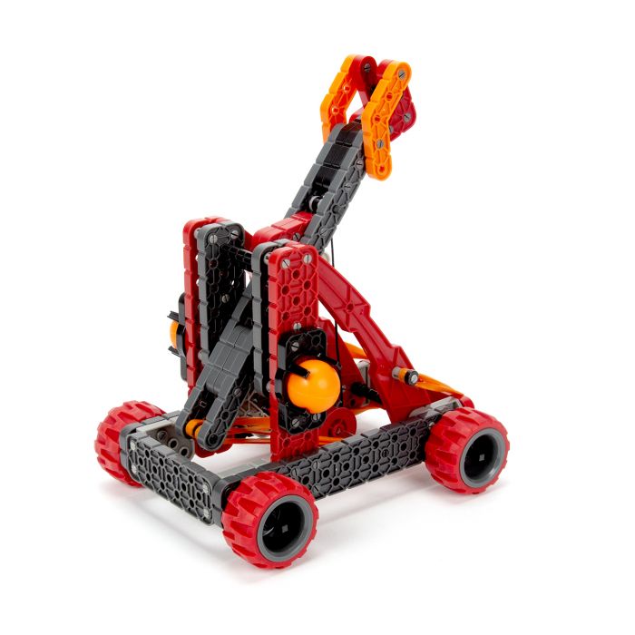 Robotic catapult mechanism built with black and red components for HexBug 406-6232