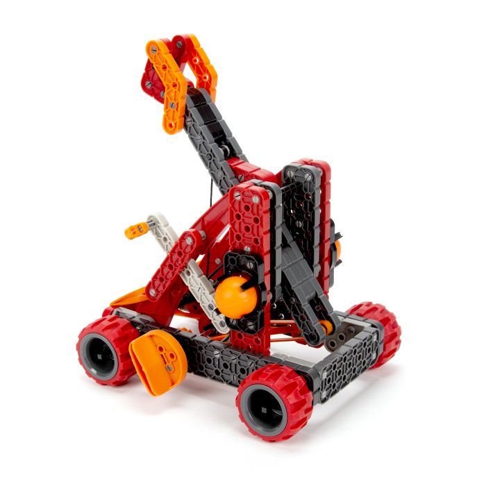 Red and black VEX Robotics catapult model built with building blocks for HexBug 406-6232