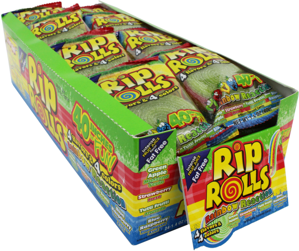 Box of Rip Rolls candy, featuring rainbow flavors and colors for Nassau Candy 090684