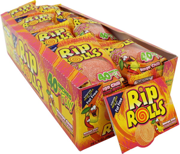 Box of mango chili flavored candy rolls for Nassau Candy 01078