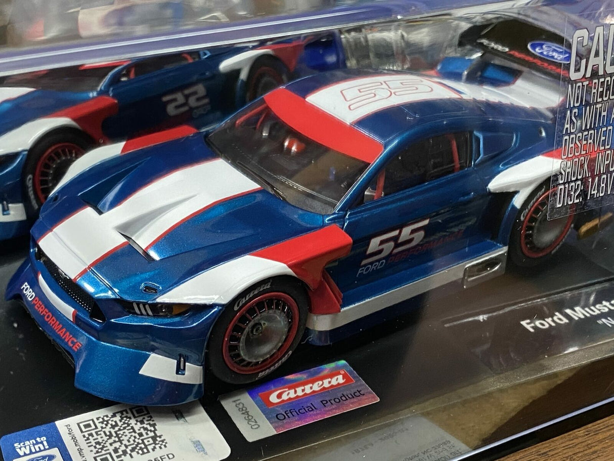 Blue and white Ford Mustang race car model with "55" racing number for Carrera Evolution 20027637, rear view