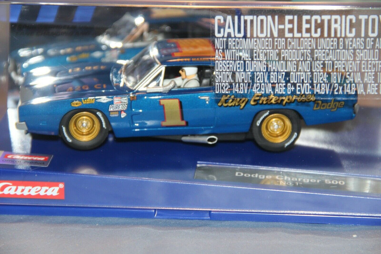 Blue Dodge Charger slot car with number 1, displayed in its box for Carrera Digtial 20030982