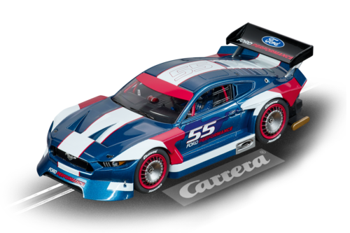 Blue and white Ford Mustang race car model with "55" racing number for Carrera Evolution 20027637, front view