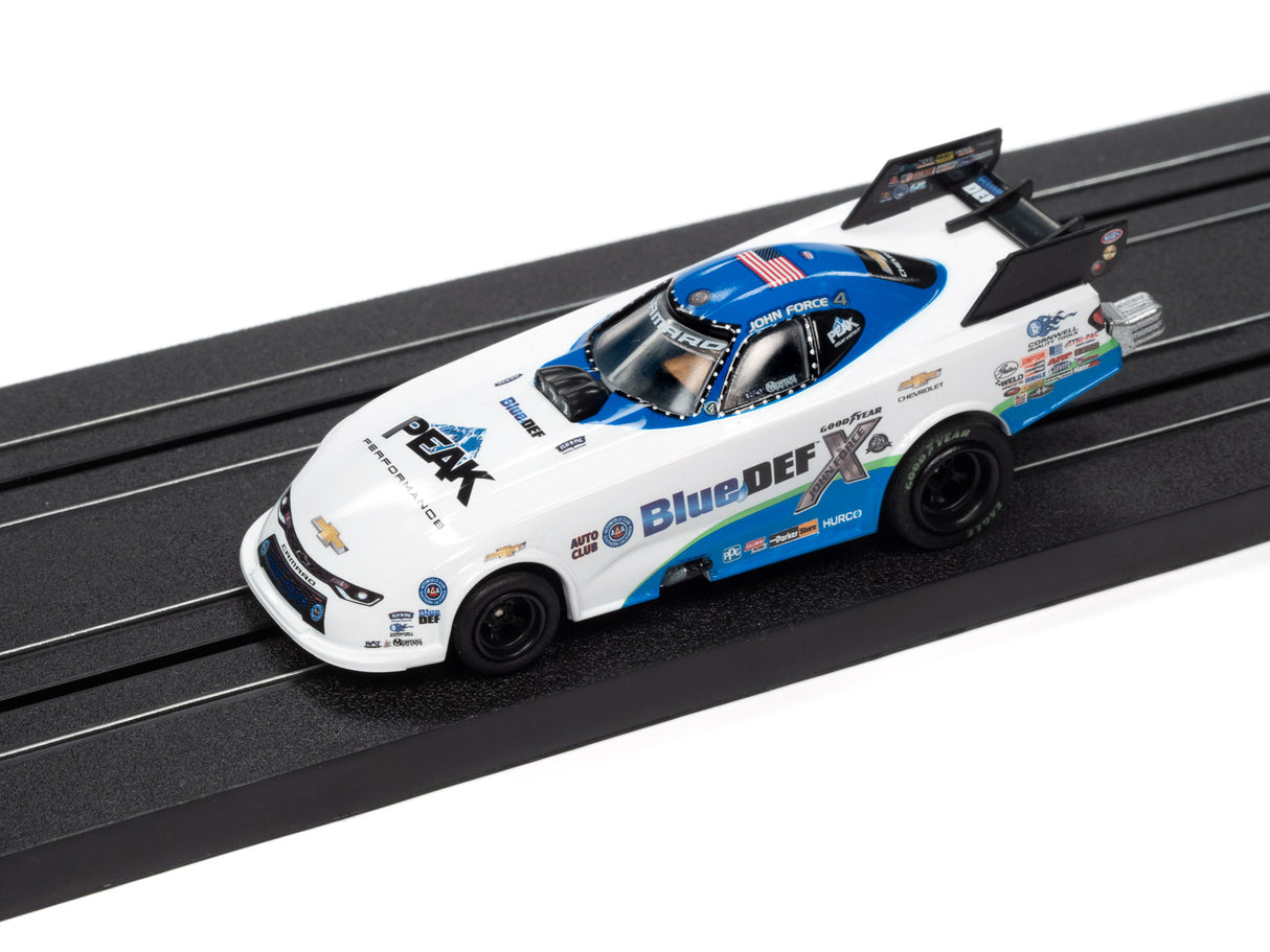 Slot car of a blue and white NHRA Funny Car drag racer on a track for Auto World SC352, track view