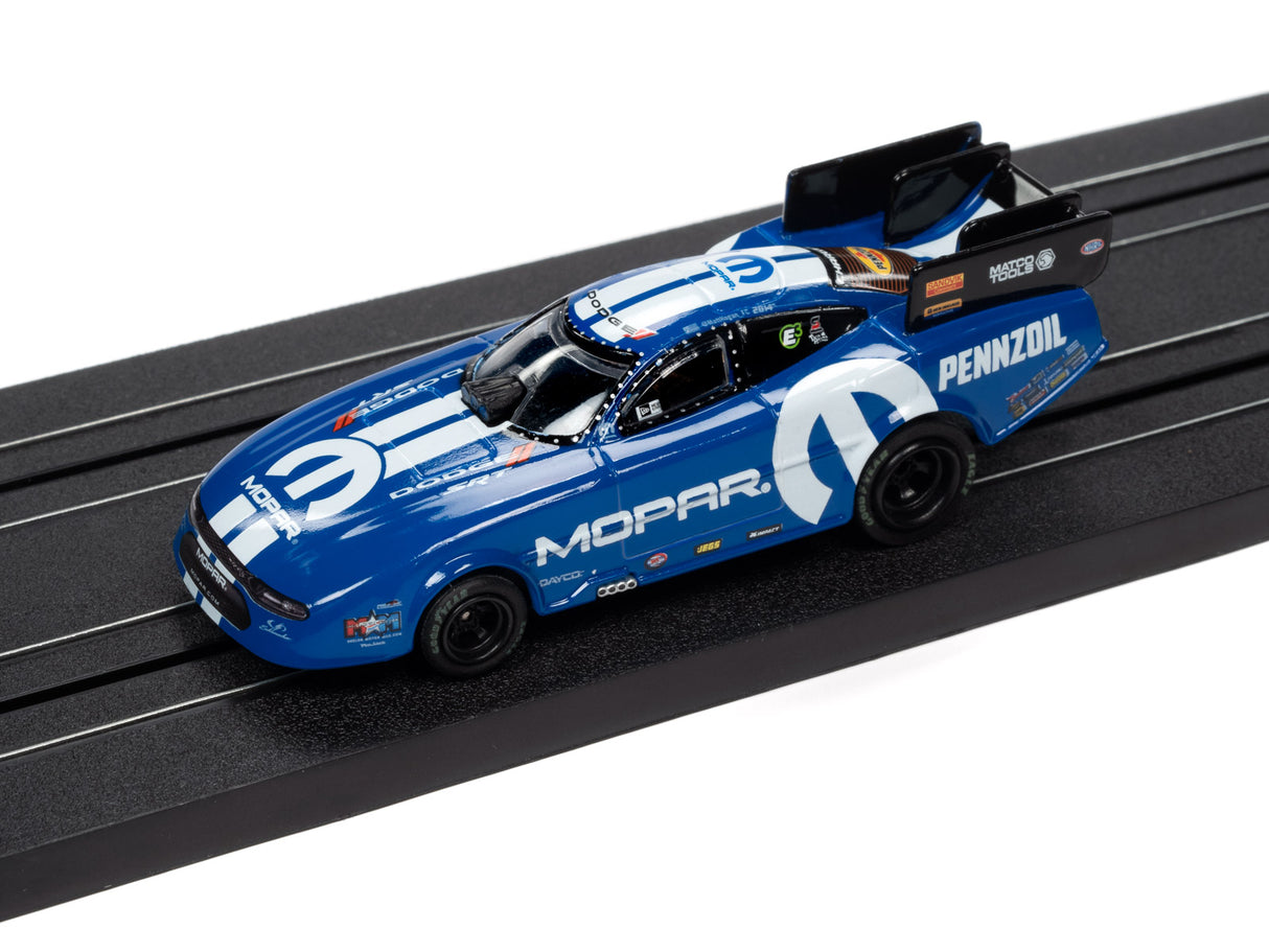 Blue drag race car model on a black track for Auto World SC352
