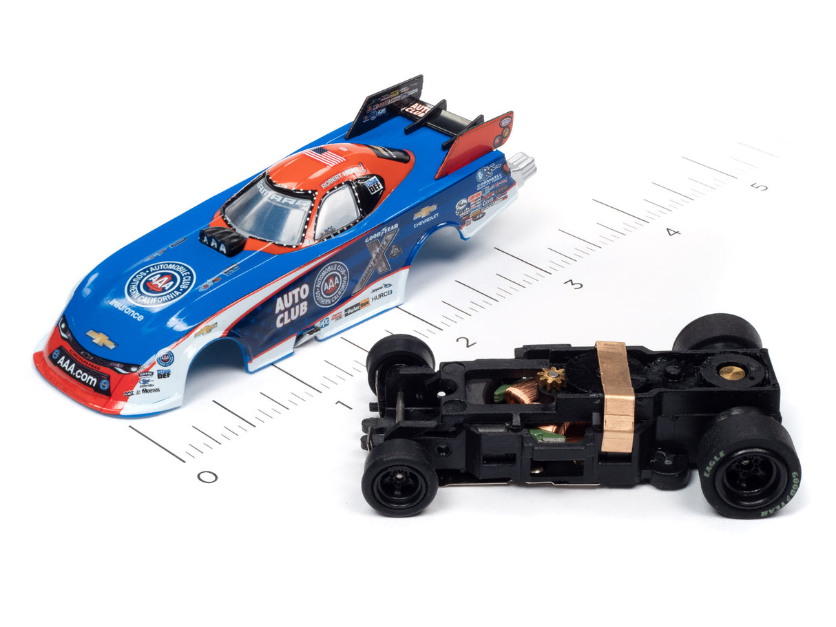 Slot car of a blue and red NHRA Funny Car drag racer for Auto World SC352
