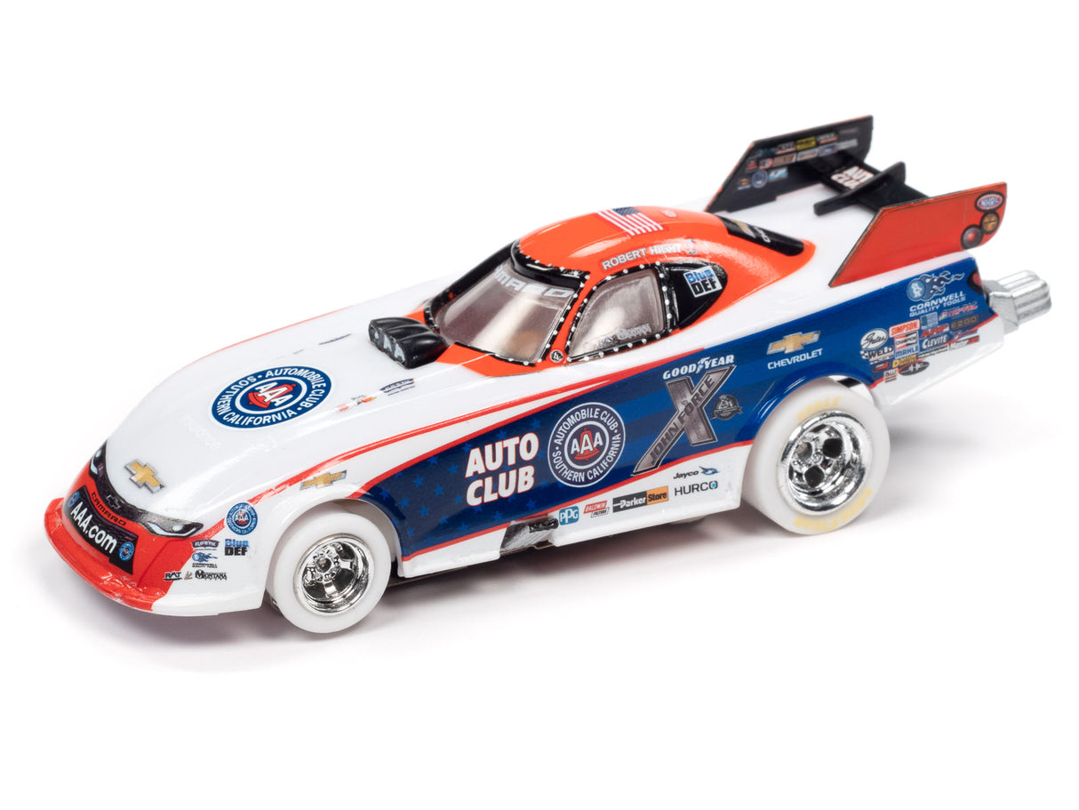 Slot car of a white and red NHRA Funny Car drag racer for Auto World SC352