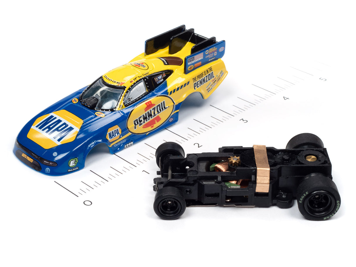 Slot car of a drag racing car with a separate chassis base for Auto World SC352