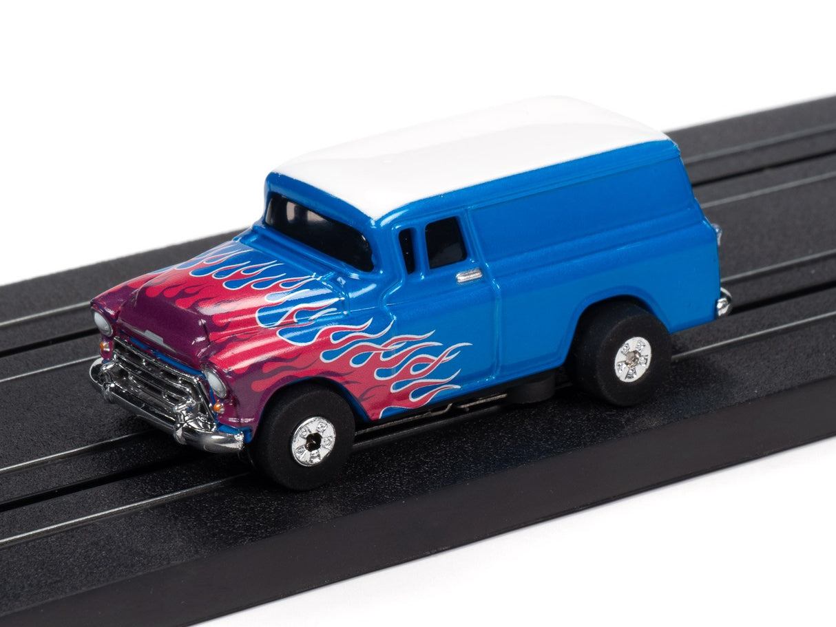 Blue and purple hot rod van with flames on a black track for Auto World SC353