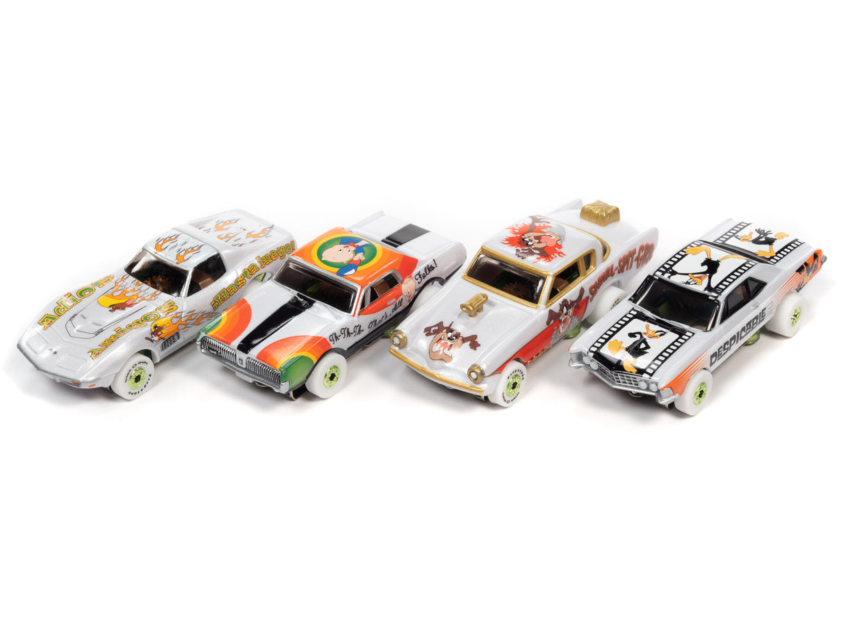 Five Looney Tunes themed toy cars lined up on a white background for Auto World SC363