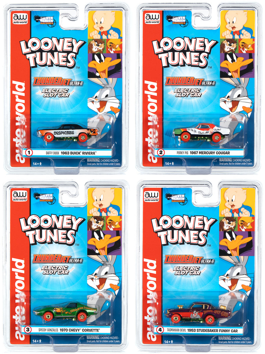 Looney Tunes electric slot car set featuring various classic cartoon vehicles for Auto World SC363