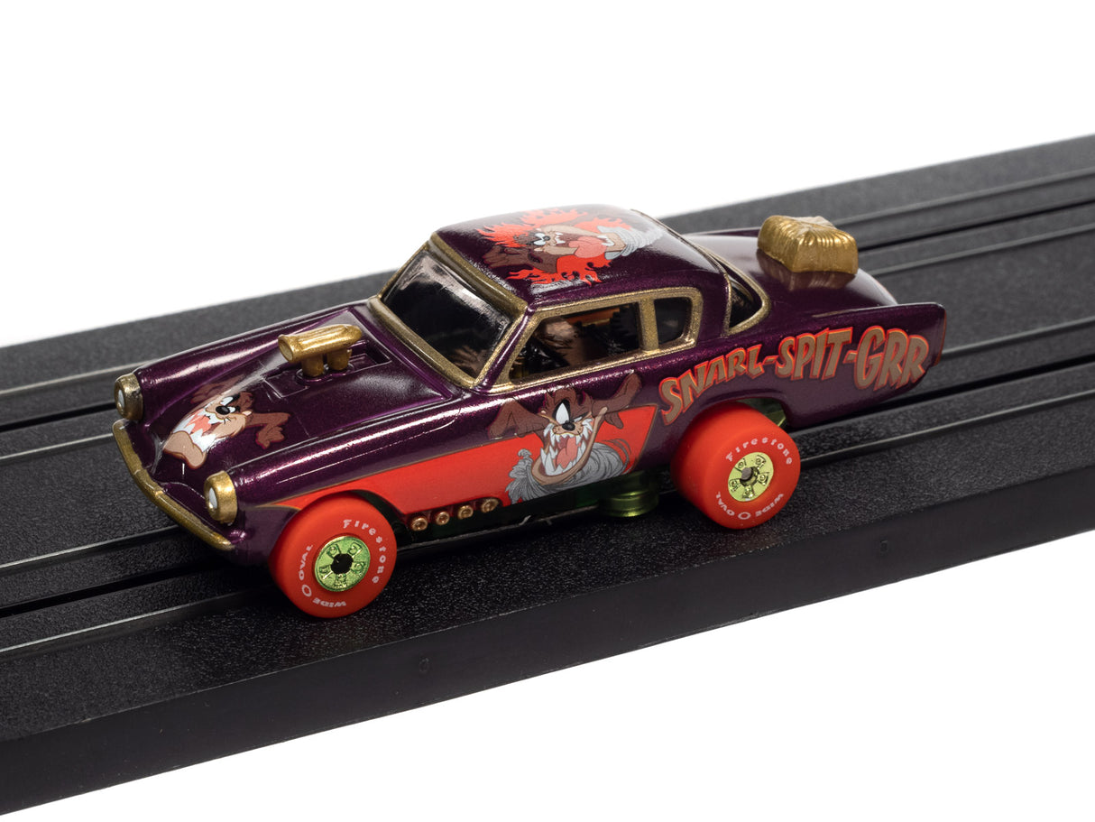 Purple Looney Tunes Thunderjet toy car on black track for Auto World SC363