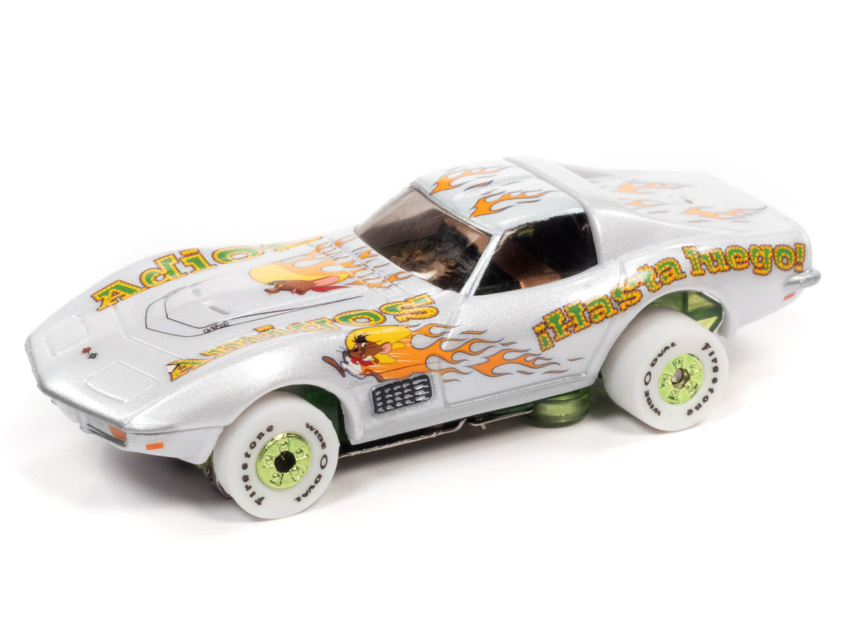Silver toy car with Looney Tunes graphics, resembling a fast vehicle for Auto World SC363