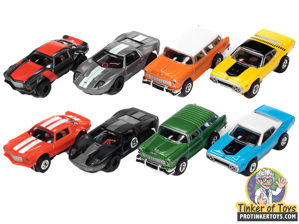 Assortment of slot car toy cars in various colors and styles for Auto World SC366